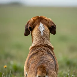 a back view of a hunting hound with raised ears,