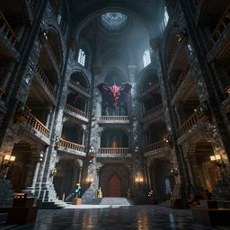 hyper realistic minecraft interior of of a large cavernous grand cathedral with many balconies with demonic influences, build with netherbrick obsidian and quartz blocks