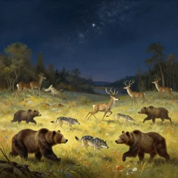 primordial nature beasts far away running stars giant deer pack of wolves bears wilderness animals fields woodlands bears llustration sharp focus sunlit vista starlight painted ruan jia raymond swanland lawrence alma tadema zdzislaw beksinski norman rockwell tom lovell alex malveda greg staples