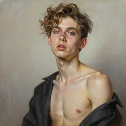 A portrait of a scrawny stylish and alluring non-binary person, oil painting, majestic, detailed, high resolution