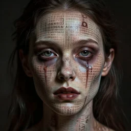 a human face made bits and bytes, detailed, creepy, scary