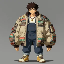 concept art redesign of majora from majora's mask game, wearing oversized mayan bomber jacket with overalls, bulky poofy bomber jacket with mayan patterns, aztec street fashion, botw art style, gapmoe yandere grimdark, trending on pixiv fanbox, painted by greg rutkowski makoto shinkai takashi takeuchi studio ghibli, akihiko yoshida