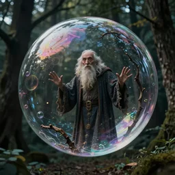 an old wizard trapped inside a floating soap bubble among the trees, ethereal, fantasy, style of salvador dali, dramatic lighting