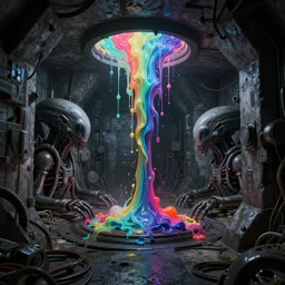 super realistic rendering of dark disturbing concrete bunker with alien mechanisms inside, very bright colours with mystical fluid, ultra detailed, hd unreal engine 5 rendering