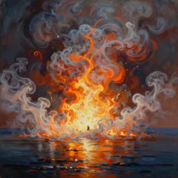 Hyper detailed painting, smoke on the water a fire in the sky, fantasy epic painting of vibrant beauty by Benoit B. Mandelbrot, Martin Johnson Heade, Lee Madgwick, and Caspar David Friedrich, 4k,Trending on artstation - H 1024