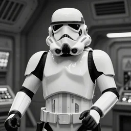 closeup of stormtrooper in an engine room on a spaceship action pose, interior design. ralph mcquarrie scene. clear photo by keith parkinson, syd mead, frank miller, b & w ultra detailed digital art