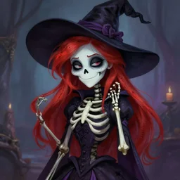 cute & beautiful smug smiling undead skeleton girl with red hair dressed as a witch, elegant, digital art, fantasy, pixar style, painting, pin up, highly detailed, artstation, art by artgerm, vrubel, greg rutkowski, ilya kuvshinov, raymond swanland