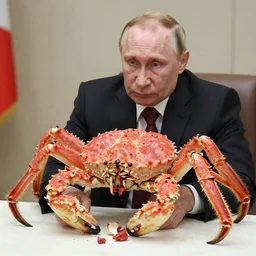 a succulent king crab being eaten by Putin