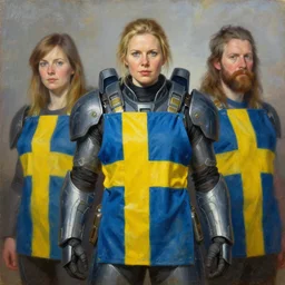 portrait of swedish woman wearing power armor. intricate painting by ross tran, magali villeneuve, and jeremy mann. sweden flag cloth tabard 🇸🇪
