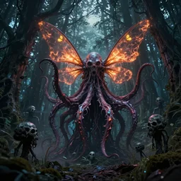 dark forest full of horros, wispy evil dead forest, lovecraft tentacle wispy entity with firefly wings, neochromatic colors, metal acid glow, dark eerie photo, photo pic taken by beksinski gammell giger mcfarlane