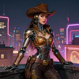 portrait futuristic ana de armas steampunk half - cyborg cowgirl, neon light rooftop, fantasy, intricate and very very beautiful and elegant, highly detailed, digital painting, artstation, concept art, smooth and sharp focus, illustration, art by tan zi and ayanamikodon and alphonse mucha and wlop