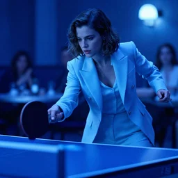 the most beautiful cybercore ping pong diner, casual elegant suit, blue low - light photography, angelic detail, scene from cannes award winning movie