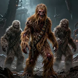 scary horrific zombie chewbacca and wookies on the planet kashyyyk, dark star wars fantasy, body horror, sores and scars, undead. highly detailed, biopunk, digital painting, by greg rutkowski, artgerm and alphonse mucha