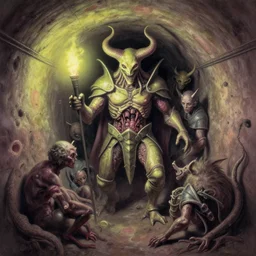airbrush drawing macro sewer tunnel baphomet orcus hybrid, full bodied shot, random animal | viscera as god |, carapace armor, claustrophobically crowded into a deep in sewer tunnel, chris foss, enric torres, wayne d barlowe, ian miller, alberto bontempi, feng zu hyper realism, torch light, muted horror of puce lime colors