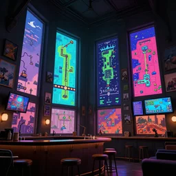 cozy room with very tall windows, bar, a lot of screens, many pictures on the walls, gameplay still frame, 4 colors, pixel art, futuristic, splash screen, level design, high contrast, background, deep focus, highly detailed, dramatic lighting, artstation, concept art, matte, greg rutkowski, moebius.