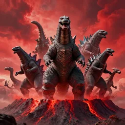movie still frame, group of kaiju monsters emerging from a volcano, psychedelic red clouds in the background, intricate details, beautiful composition, 8 k, cgi, by ridley scott, james cameron, zack snyder and michael bay