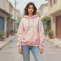 gorgeous young woman in the style of martine johanna and david choe, wearing a hoodie, standing in a township street, street fashion outfit,!! haute couture!!, full figure painting by martine johanna, artgerm, ismail inceoglu, pastel color palette, sharp focus, detailed, intricate, elegant, 2 4 mm lens
