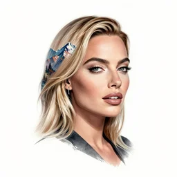 tattoo design sketch of double exposure effect on margot robbie face and beautiful mountains, in the style of matteo pasqualin, amazing detail
