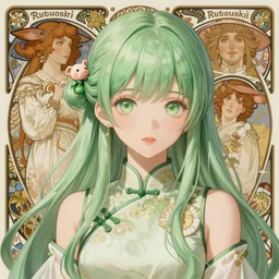 adult girl with long light green hair, light green eyes, a small pigtail on the left side, chinese dress, anime style, hyper detailed, illustration, digital painting, art by artgerm and greg rutkowski and alphonse mucha, high delicate defined details, anime stylized, highly detailed, realistic, sharp focus
