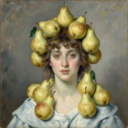 vintage beautiful painting of a woman with many pears covering her hair in Mary Cassatt style
