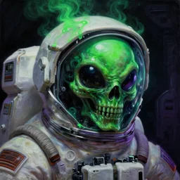 ( ( ( ( a close - up view portrait of a lone astronaut ) ) ) ), brutalist dock halls with green alien fog, close - up view, detailed textures. glowing green purple fog, dark black background. alien poison skull face, highly detailed fantasy science fiction painting by moebius, norman rockwell, frank frazetta, and syd mead. rich colors, high contrast