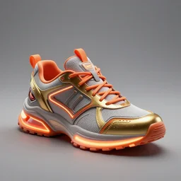 realistic 8 k sculpture of 1 futuristic sneaker with neon illuminated rubber soles and soft orange laces on a grey surface, clean 3 d render, beautiful studio lighting, soft, sharp focus, cyberpunk, intricate detail, gold and red accents, soft rubber, octane render, trending on artstation, deviantart, art by syd mead