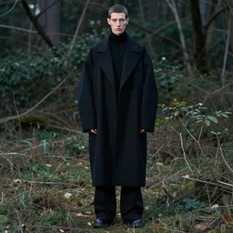 skinny character with wearing black clothes against a backdrop of nature, an oversize coat in the style of yohji, balenciaga, dark palette, by matt bors
