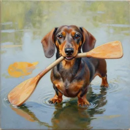 cute dachshund holding a paddle with his mouth, detailed painting, weiner dog, boat paddle, oil on canvas, adorable, reflective water, wide angle shot, very detailed