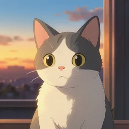 cat, by makoto shinkai, highly detailed, sunset light