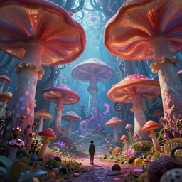 looking down at trippy alien world with large psychedelic mushrooms