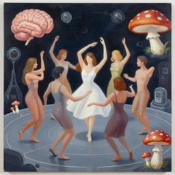 a beautiful masterpiece painting of people who dance around ( in a space techno ) and brain and mushroom and pills, oil painting by andrey remnev, frank stella, james jean,, pavel filonov, robert rauschenberg, prismatic, glowing, raven black, trending on artstation