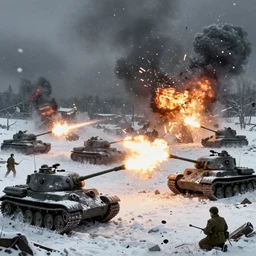 World War 2 scene in winter, german and soviet soldiers, german and soviet tanks firing, some tanks destroyed, explosions, blizzard, brutal, dark, concept art, jakub rozalski