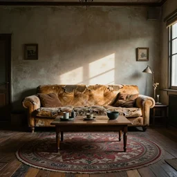 a room, old torn couch, coffee table, wood floor, large circular rug, stoner artifacts