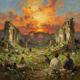 the ruined lands, overgrown ruins, sweltering heat, extremely detailed oil painting, unreal 5 render, rhads, sargent and leyendecker, savrasov levitan polenov, bruce pennington, studio ghibli, tim hildebrandt, digital art, landscape painting, octane render, beautiful composition, trending on artstation, award winning photograph, masterpiece