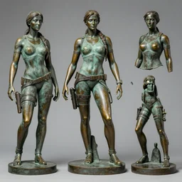 detailed studio photo of old bronze patina statue lara croft, full body portrait, various poses, photorealism, intricate detail, museum diffuse lighting