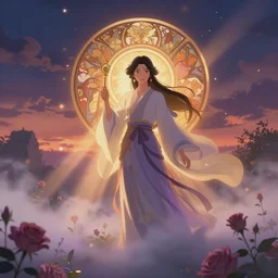 A still from the Chinese animated series Heaven Official's Blessing, god rays, bloom, volumetric fog, moody ambiance, cinematic lighting, twilight, sunset, rose and lavender and amber tones, Bouguereau, Luis Ricardo Falero, Maxfield Parrish, Alphonse Mucha, fantasy, portfolio illustration, highly detailed, trending on Artstation, CGsociety, HQ, 8k, 35mm lens, f2.8, Bokeh,