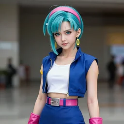 Beautiful close highly detailed portrait of a Bulma from DBZ cosplayer in her iconic signature main outfit. Award-winning photography. XF IQ4, 150MP, 50mm, f/1.4, ISO 200, 1/160s, natural light, rule of thirds, symmetrical balance, depth layering, polarizing filter, Sense of Depth, AI enhanced