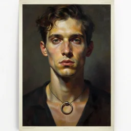 a painting of a man with a ring around his neck, poster art by seb mckinnon, cgsociety, neo - romanticism, official art, dystopian art, poster art