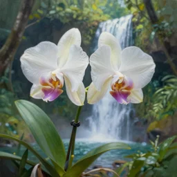 A painting of a cattleya orchid in front of a jungle waterfall by Martin Johnson Heade.