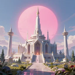 beautiful landscape, nier automata, protoss temple!!!, machine planet, pink sun, colorful light, advanced technology, cinematic lighting, highly detailed, masterpiece, art by bastien grivet and darwin cellis and jan urschel