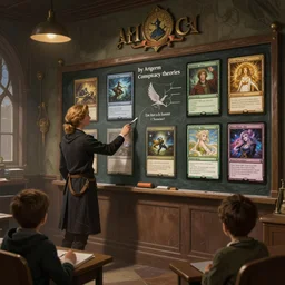 “a magic classroom where conspiracy theories are taught and shown on the board, Magic the Gathering, D&D, fantasy, intricate, cinematic lighting, highly detailed, digital painting, artstation, concept art, smooth, sharp focus, illustration, art by Artgerm and Greg Rutkowski and Alphonse Mucha”