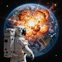 astronaut looking back at the earth exploding , subject in the center of the frame, wide angle shot, diffuse lighting, fantasy, intricate, elegant, highly detailed, lifelike, photorealistic, digital painting, illustration, concept art, smooth, sharp focus