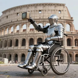 knight in armor in a wheelchair do tricks watch old tv, rome, highly detailed, soft lighting, elegant, works by edward hopper and james gillard, zdislaw beksinski, stephen outram, andreas m wiese, highly detailed, masterpiece. rendered in blender, smooth shadows, ultra detail, high resolution, unreal 6, 8 k