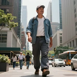 a giant farmer walking in the big city. beautiful, realistic, 4K