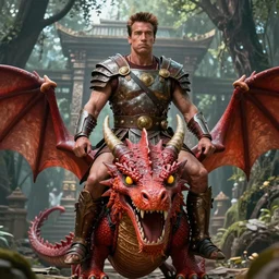long shot of full body photo of arnold schwarzenegger as conan the destroyer, mounted on a red dragon with yellow eyes, wearing ancient barbarian armor, high details and focus on face, centered, rule of thirds photo, hyper realistic, forest temple in the background, digital painting, box art illustration trending pixiv fanbox by wlop and greg rutkowski and caravaggio and rosa bonheur and william