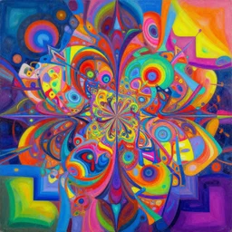 an abstract painting with many colors and shapes by john backderf, polycount, generative art, psychedelic, fractalism, glitch art