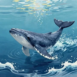 An aesthetically pleasing, dynamic, energetic, lively, well-designed digital art of a whale, ripples, waves, sea foam, light and shadow, ocean caustics, aizome patterns, by Ohara Koson and Claude Monet, traditional Japanese colors, superior quality, masterpiece, excellent use of negative space.
