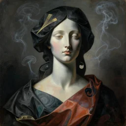 epic concept art. abstract female face silhouette mixing with black and color silk blankets. abstract sculpture. art deco swirls. smoke simulation, vfx, cinema 4 d, tyflow. epic masterpiece, michelangelo. 1 7 th century french painting. classicism concept art, matte painting. greg rutkowski, wlop, victo ngai, kandinski. female upperbody
