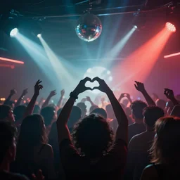 crowd partying with their hands up at a club, some hands are making heart shapes, volumetric lighting, haze, moving heads light beams, spot lights, disco ball, silhouette, digital art, trending on artstation, 4k, unreal engine, intricate, ornate