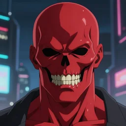 anime fine details portrait of The Red Skull in front of cyberpunk modern city landscape on the background deep bokeh, close-up view, 8k, sharp high quality anime, artstation